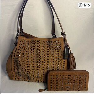 Coach Edie 31 Brown Shoulderbag Studs and Grommets Suede & Wallet